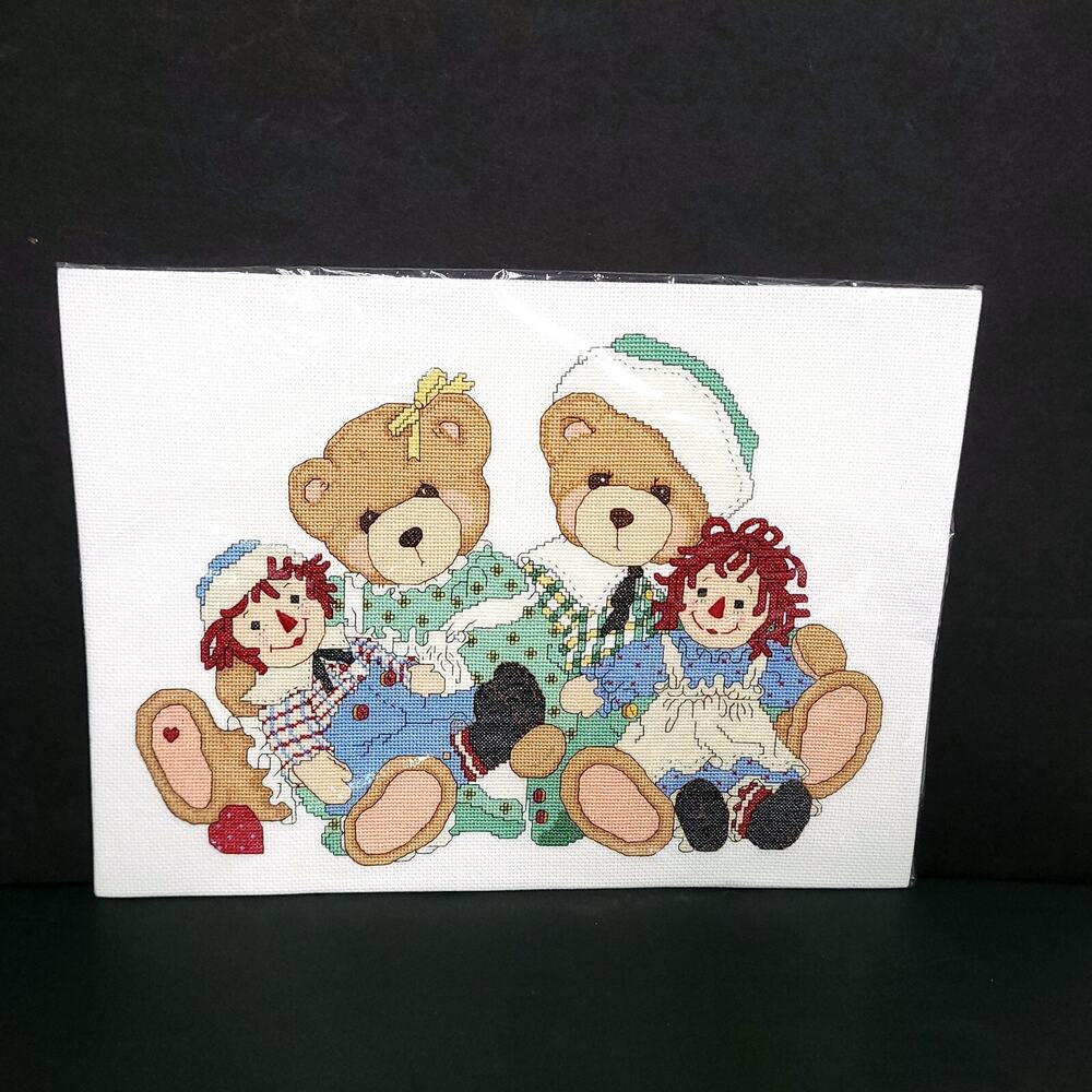 Handmade Cross Stitch Teddy Bears Raggedy Ann Andy Nursery Needlework Art